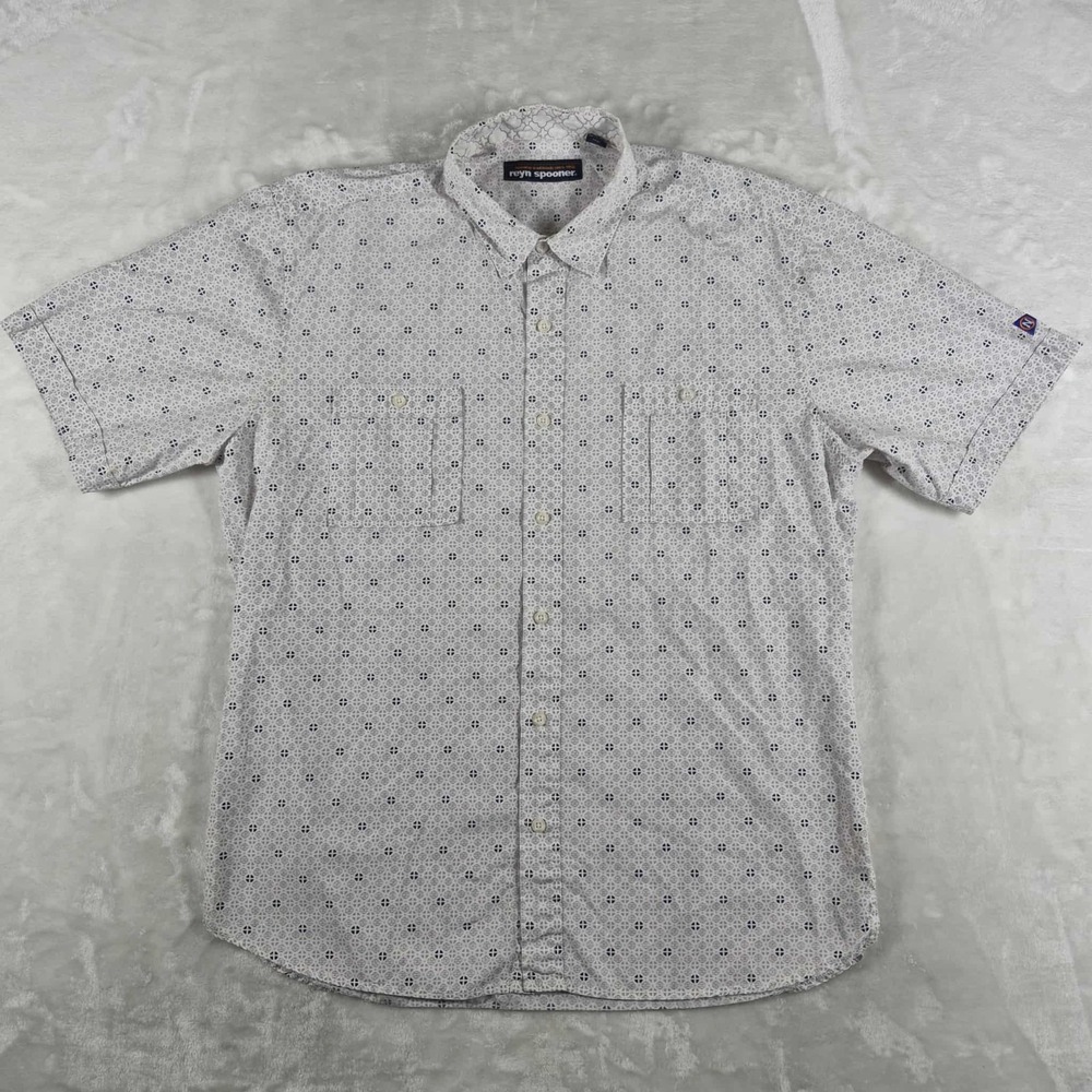 Reyn Spooner Short Sleeve Shirt Men's‎ XL White Classic Fit Hawaiian Geometric